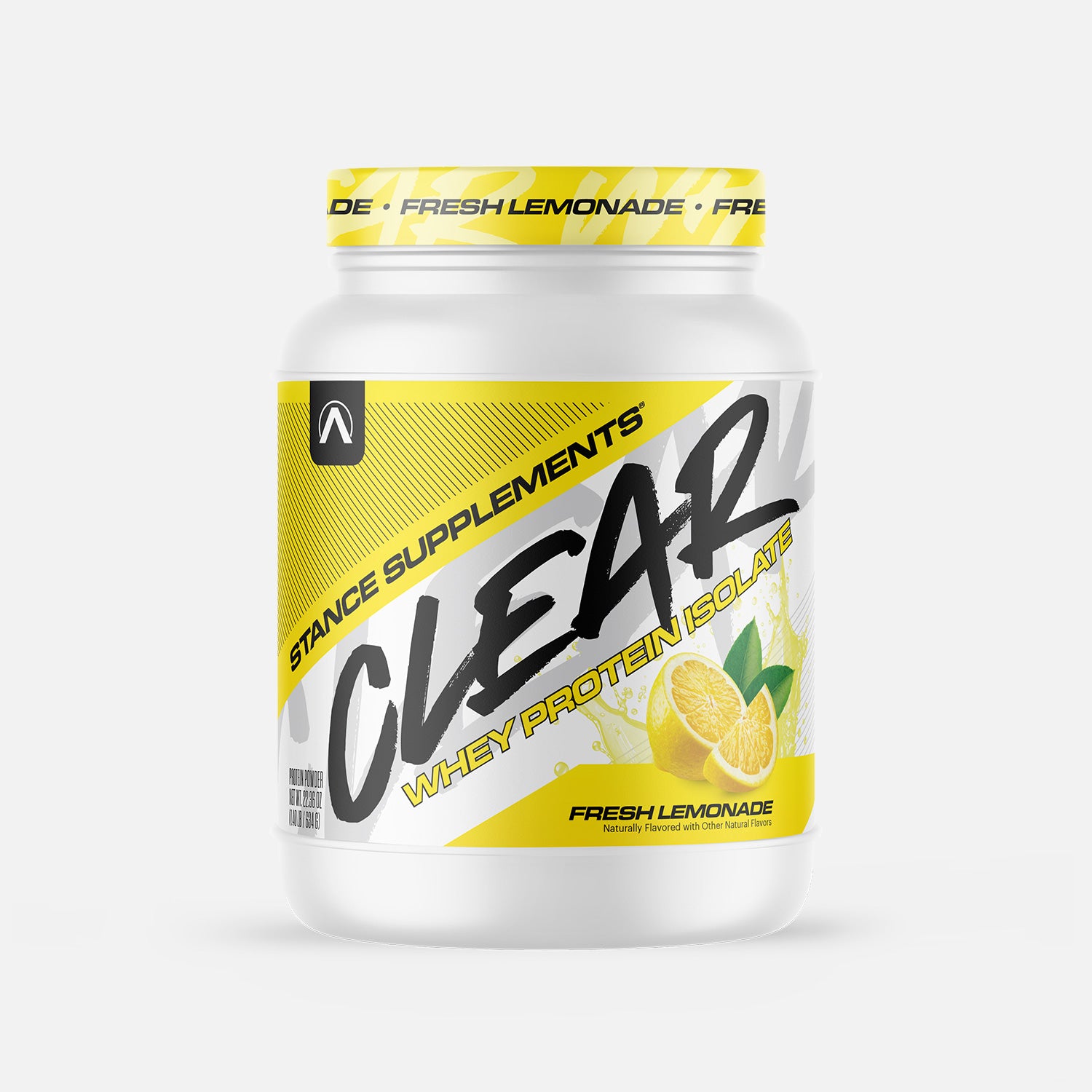 Stance Supplements Clear Whey Protein Isolate container with lemon flavor on a white background